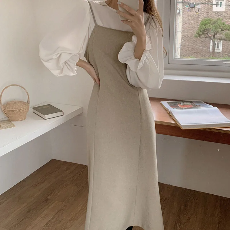 

Новинка 2021, осенне-зимние женские комплекты из 2 предметов, блузка без рукавов, платья, модные элегантные винтажные Длинные костюмы на шнуро...