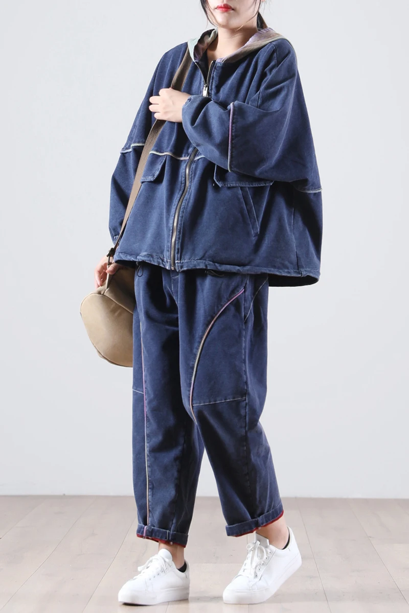 

Female new autumn and beiginning winter Korean style plus size literary contrast color hooded loose casual denim two piece set