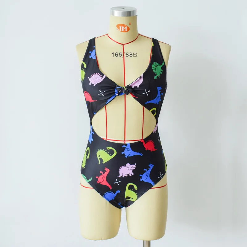 Черный Цельный купальник с динозаврами женский 2019 пляжный вырезами купальный