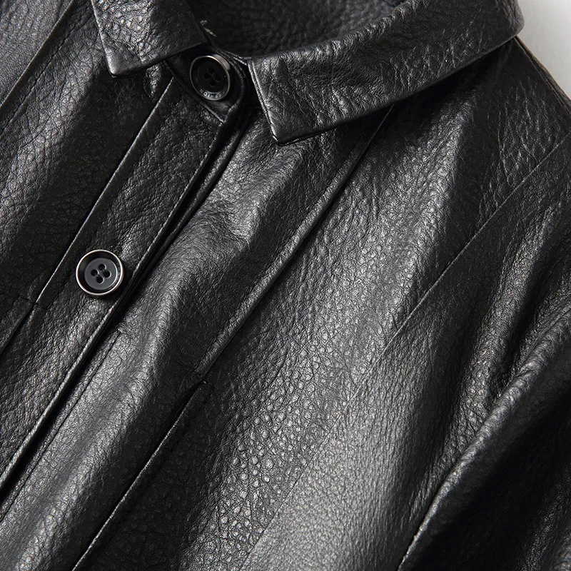 Black Genuine Leather Long Turn Down Collar Full Sleeves Spring Real Sheepskin Jacket Women 3XL Plus Size Office Lady Overcoats