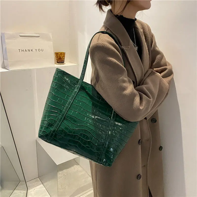 retro crocodile print large tote bag for women with zipper green black ladies leather shoulder bag big office handbags shopper free global shipping