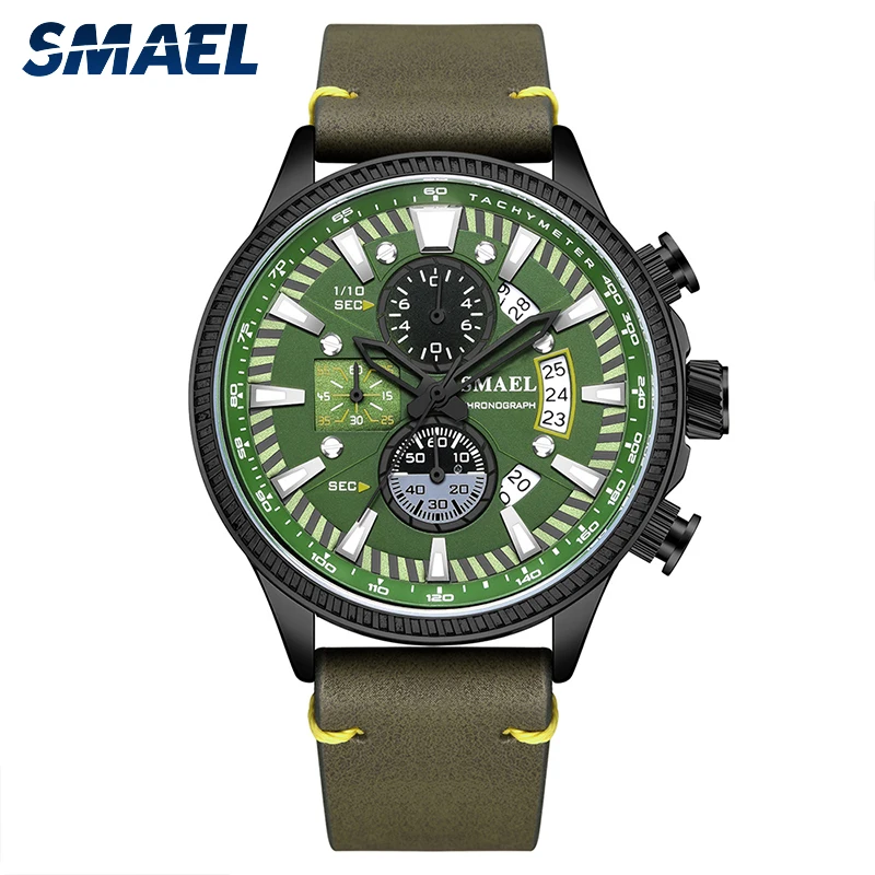 

SMAEL Men’s Watches 2020 Fashion Multifunction Auto Date Chronograph Clock Analog Quartz Wristwatch with Leather Strap 9097