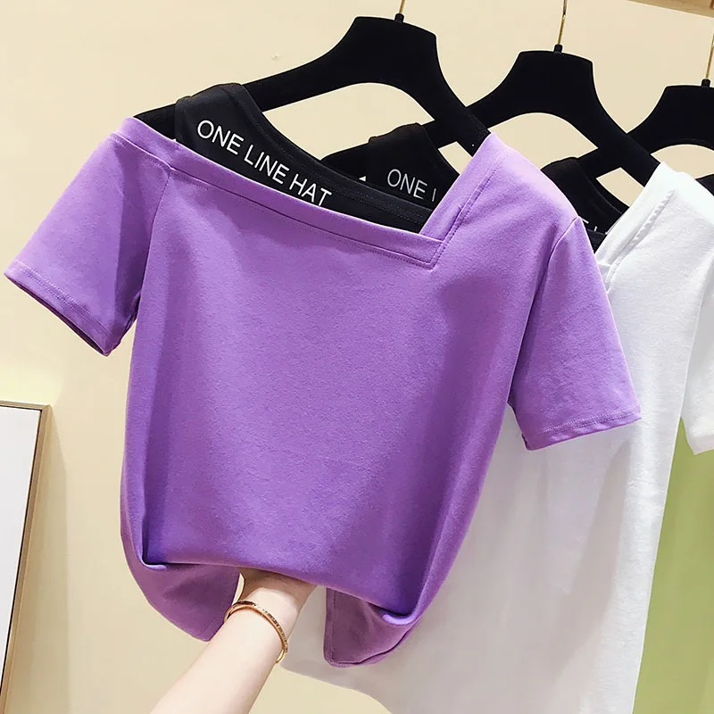 

gkfnmt Fake Two Piece Tops Women T-Shirt Off Shoulder Tshirt Short Sleeve Slash Neck Korea Fashion Summer Cotton Tee Shirt Femme