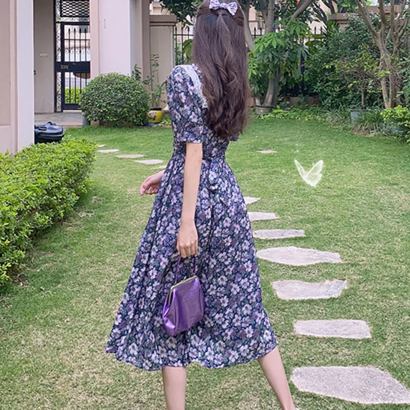 

Vintage Floral Print Boho Robe Femme Summer Dress Women Puff Sleeve Lace Patchwork Female High Waist Long Chiffon Dress Vestidos