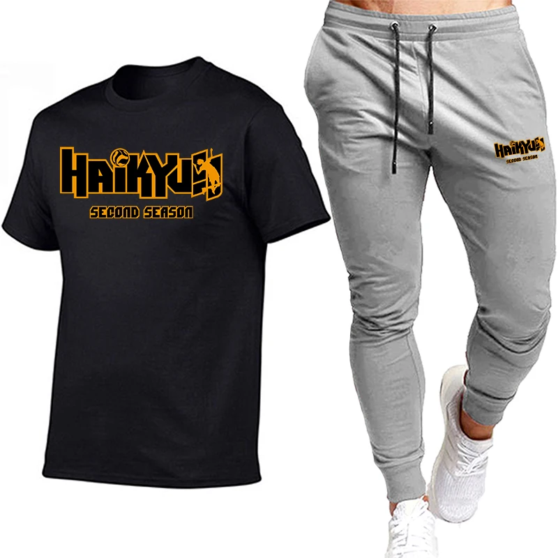 

Summer Men's Print Cotton Round Neck Short Sleeve T-Shirt +Trousers Tethered Pants Youth Fashion Suit Sportswear S-3XL