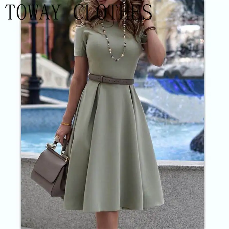 

Plain Solid Color Short Sleeve O-neck Pleated Casual Dress Casual A Line Summer Dresses For Women 2021