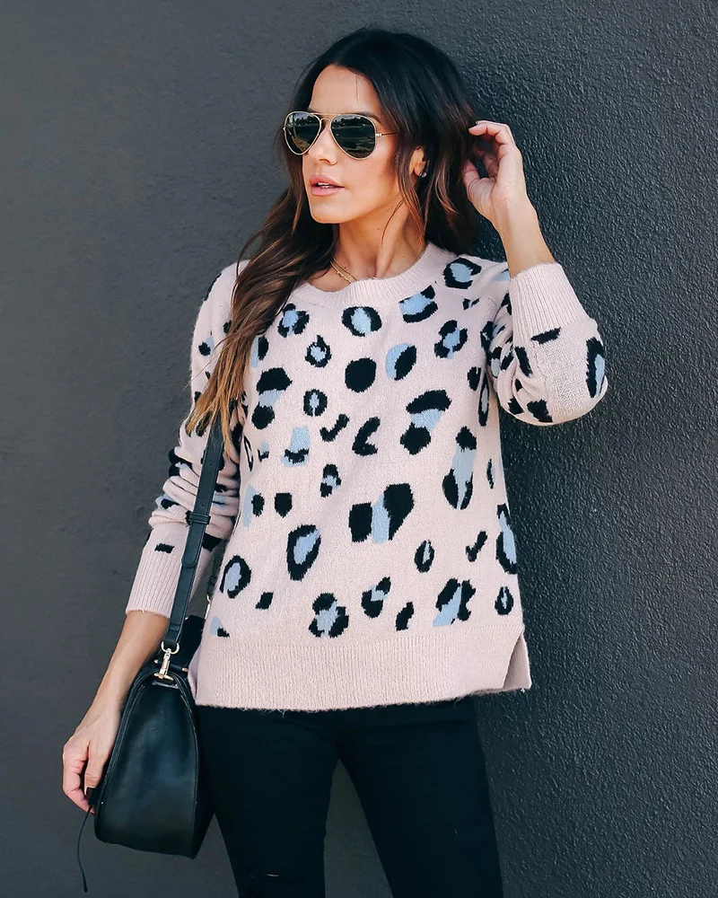 Fitshinling Leopard Women's Knitwear Sweater Casual Holiday Slim Pull Korean Long Sleeve Autumn Winter Sweaters Pullovers 2020 | Женская