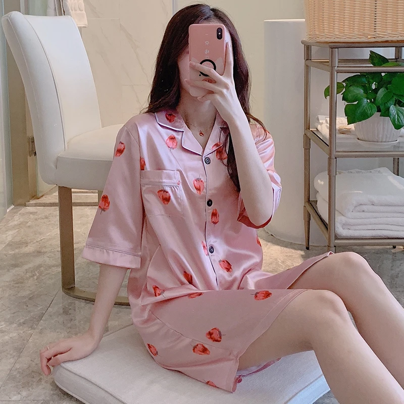 Autumn Printed Casual Silk Sexy Women Sleepshirts Fresh Simple Nightgowns Women Sleepwear Nightdress Loose Nightwear Homewear