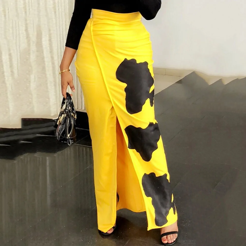 Африканская мода бодикон Высокая талия Сплит желтая юбка Макси Сексуальная