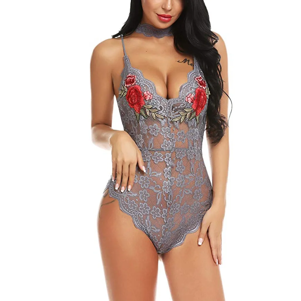 Модные сексуальные женские экзотические наборы кружевной халат с v-образным вырезом Тедди белье Боди-блузка из полиэстера вышивка воротник женское белье Femme