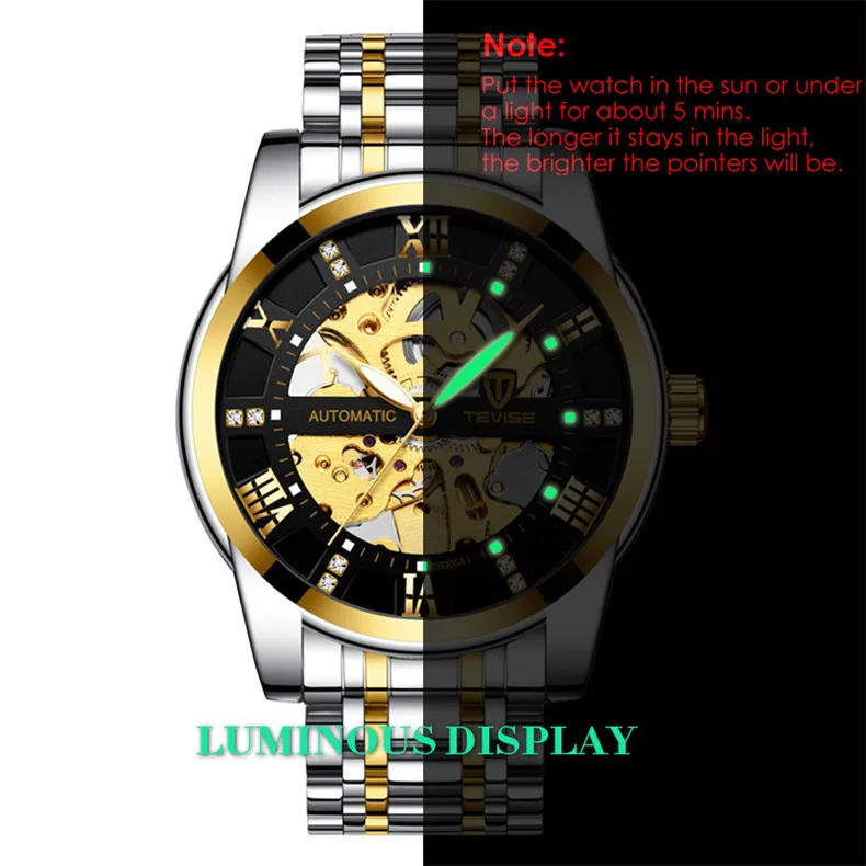 

Watches Classic Rhinestone Clock Roman Analog Male Skeleton Clocks Automatic Mechanical Stainless Steel Band Watch NEW