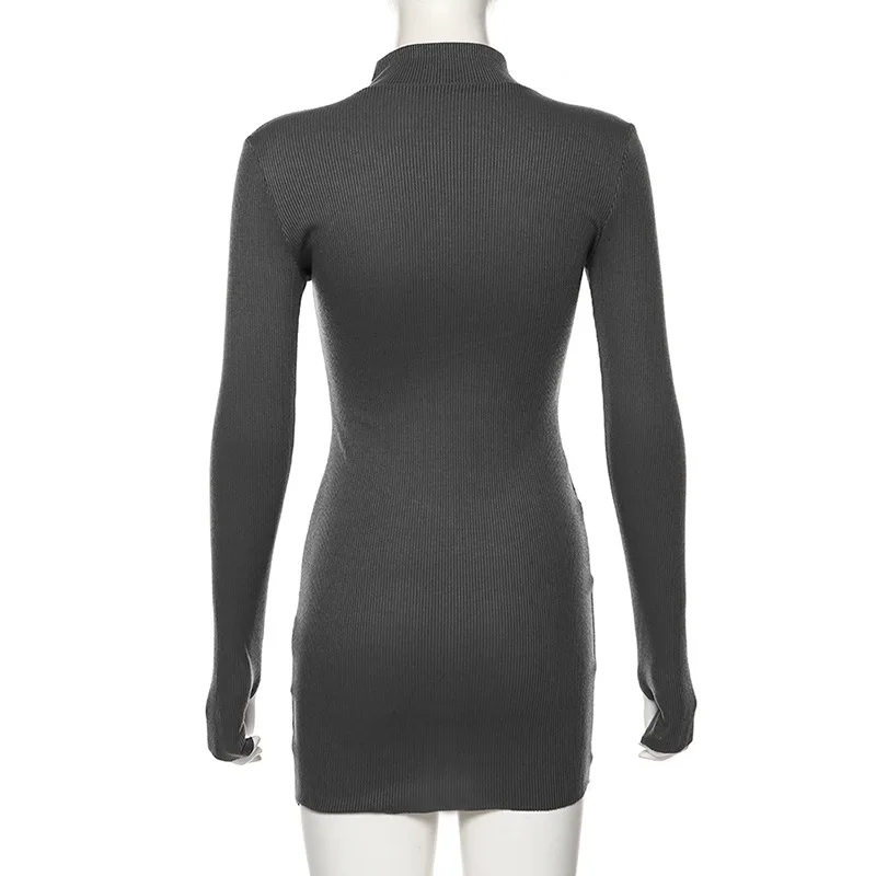 

Stretch Slim Soft Ribbed Knitted Turtleneck Dress Woman 2019 Fashion Solid Black Casual Bodycon Zip Dress