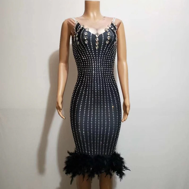 модные Блестящие стразы черное платье без рукавов миди спандекс перо для дня