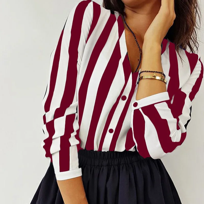 

2021 New Blouse Women Casual Striped Top Shirts Blouses Female Loose Blusas Autumn Fall Casual Ladies Office Blouses Top Sexy