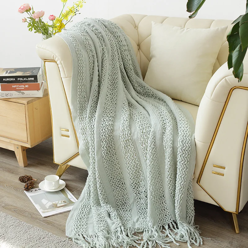 Однотонное вязаное Сетчатое одеяло с кисточками супермягкое теплое