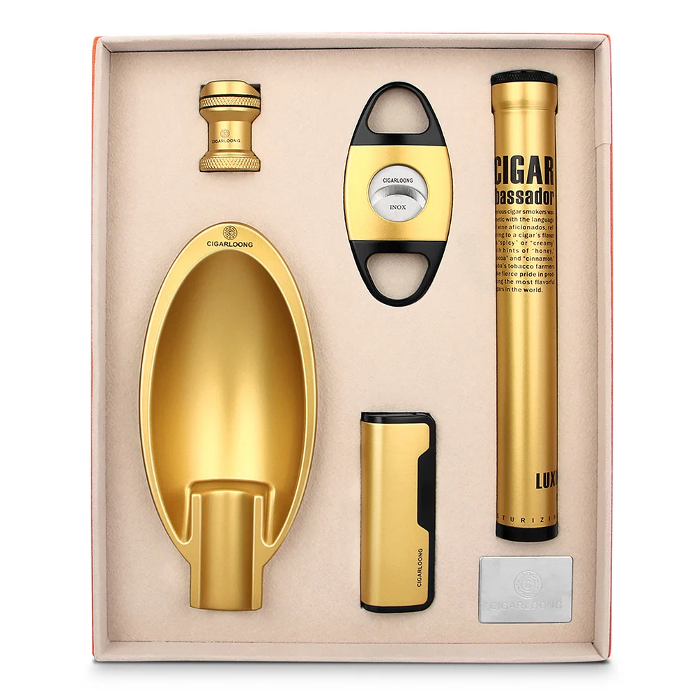 

Luxury Alloy Cigar Accessories Set Cigar Lighter Windproof Ashtray Cigar Tube Sharp Cutter Guillotine Cigar Holder With Gift Box