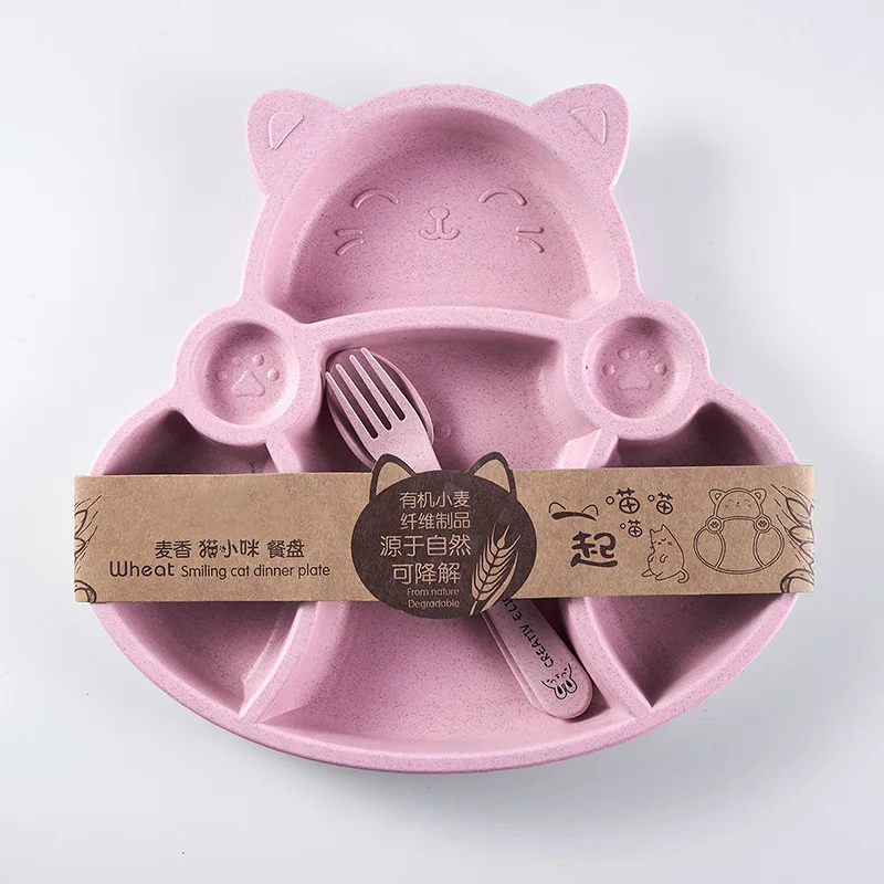 Pink 3psc 3 шт., детская посуда для кормления, мультяшная кошка, детские блюда, детская посуда для еды, набор посуды, антигорячей пластины, тренировочная чаша+ ложка+ вилка - Цвет: Pink 3psc