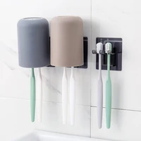 bathroom accessories toothbrush holder with cup simple color bathroom organizer wall sticker hanging brush holder