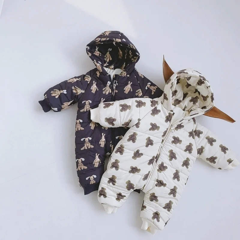

New Baby Winter Clothes Newborn Hooded Jumpsuits Warm Infant Bear Print One-piece Toddler Cotton-padded Clothes