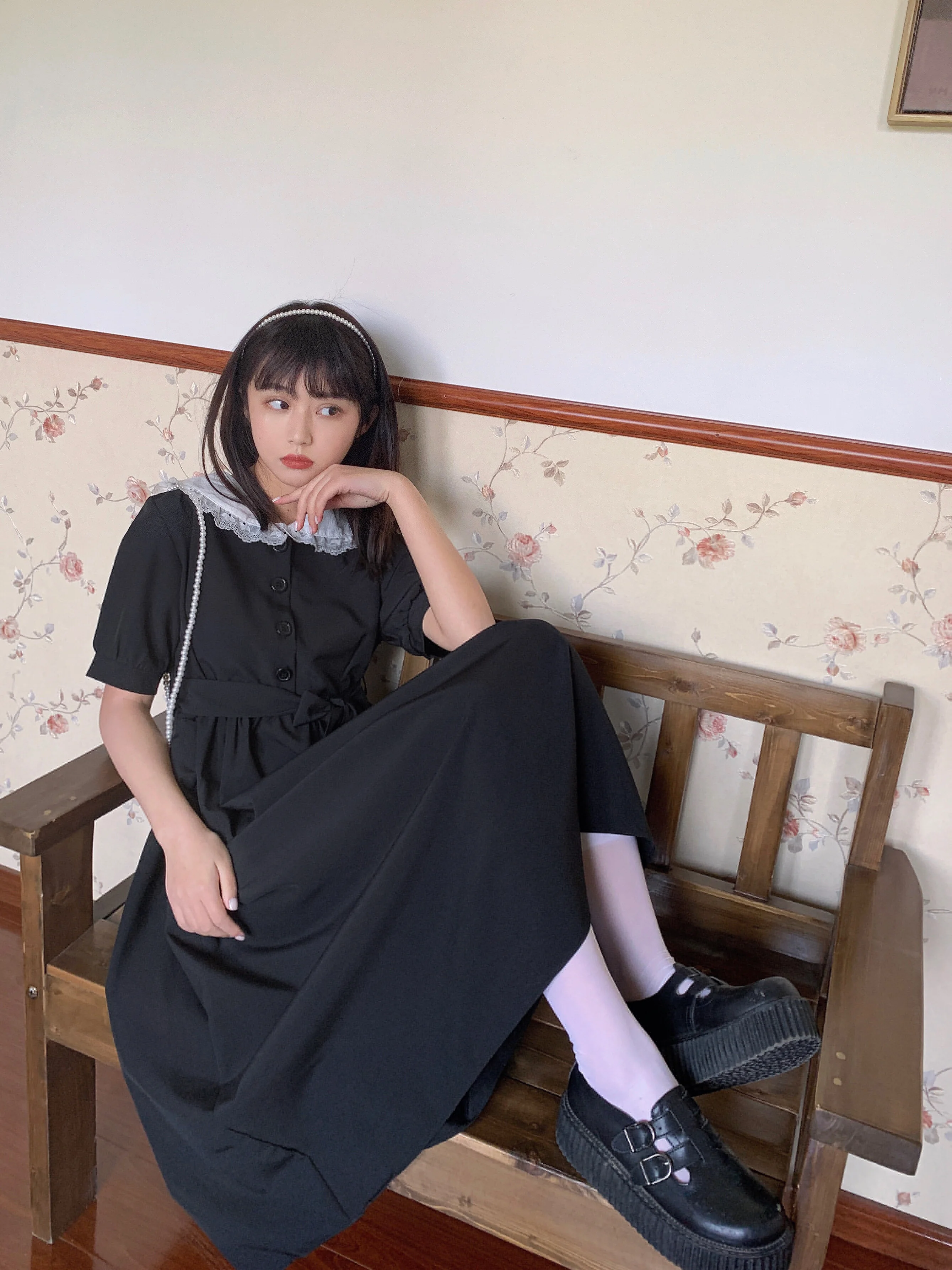 

Japanese Summer Harajuku Gothic Black Preppy Style Dress Women Cute Lace Splice Peter Pan Collar Short Sleeve Vintage Dress
