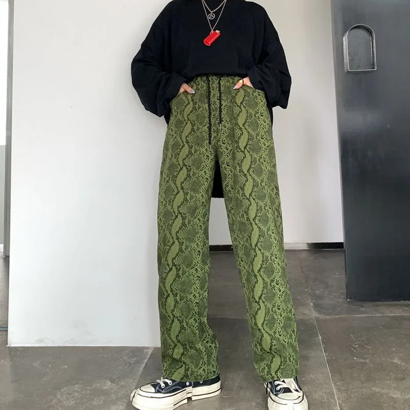 

Japanese Soft Girl Harajuku Y2K High Waist Trousers Oversize Snake Print 90s Aesthetic Trousers Female Vintage Wide Leg Pants