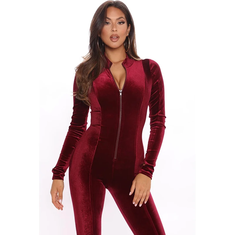 

Women Clothing Sexy Zipper Long Sleeve Velvet Slim Stretch Mid Waist Bodycon Leisure Stacked Jumpsuit Wholesale Dropshipping