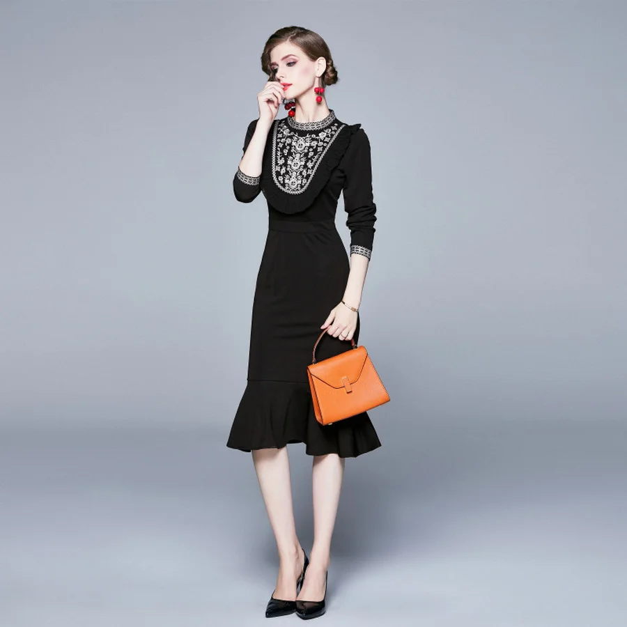 

BoozRey Dress Women 2021 Fashion Embroidered Summer Dress Temperament Black Women Slim Long Sleeve Dress Elegant Dress