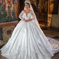 elegant satin ball gown wedding dresses lace applique retro bridal dress lace up sheer neckline luxury vestido de novia