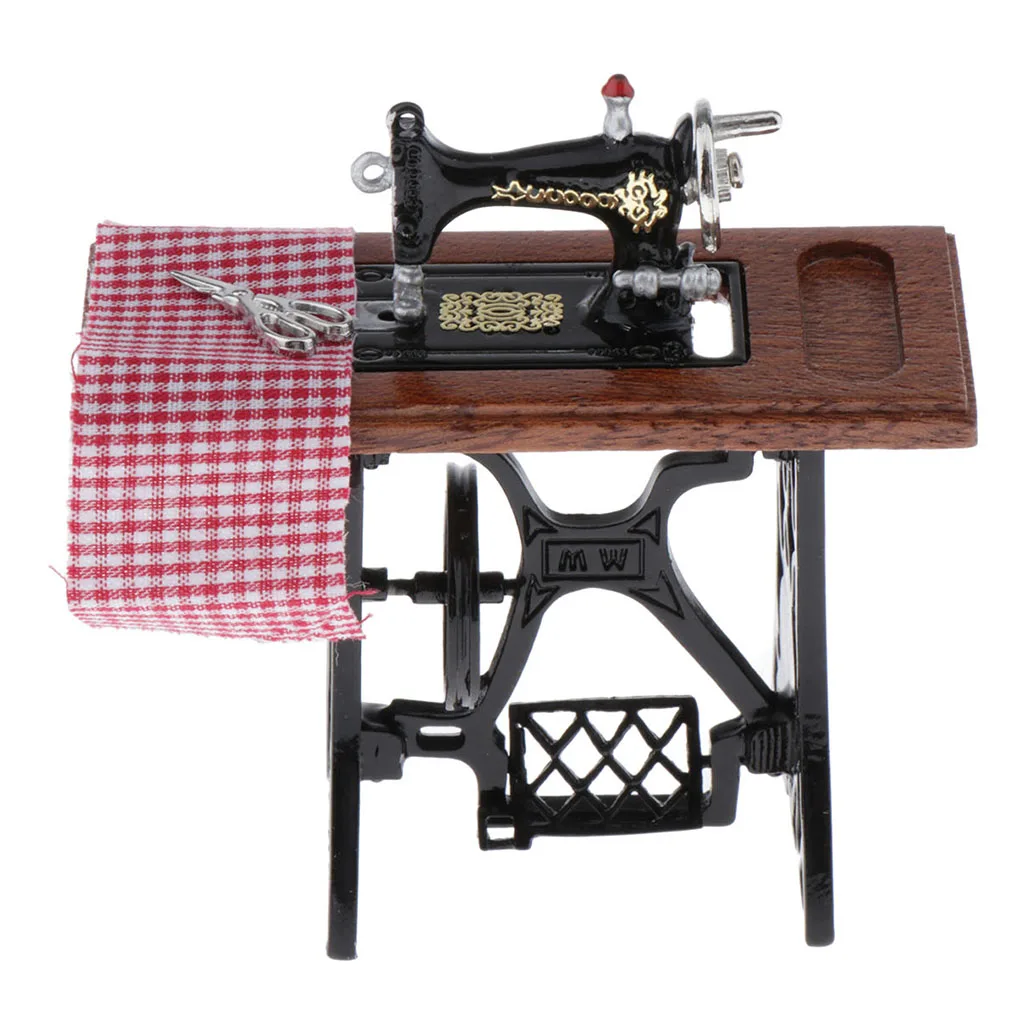 

Vintage 1/12 Scale Dollhouse Miniature Sewing Machine Kits with Cloth Scissors for Dolls House Miniature Decorative Toys