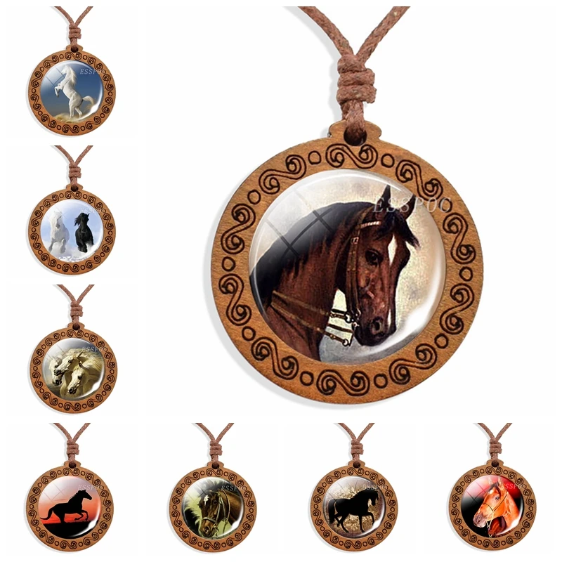 Винтажное ожерелье с лошадью искусство коричневая лошадь картина стекло кабошон