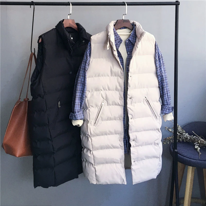 

Autumn Winter Women's Solid Loose Vest Stand Collar Long Vest Bodywarm Cotton Padded Women's Windproof Warm Waistcoat