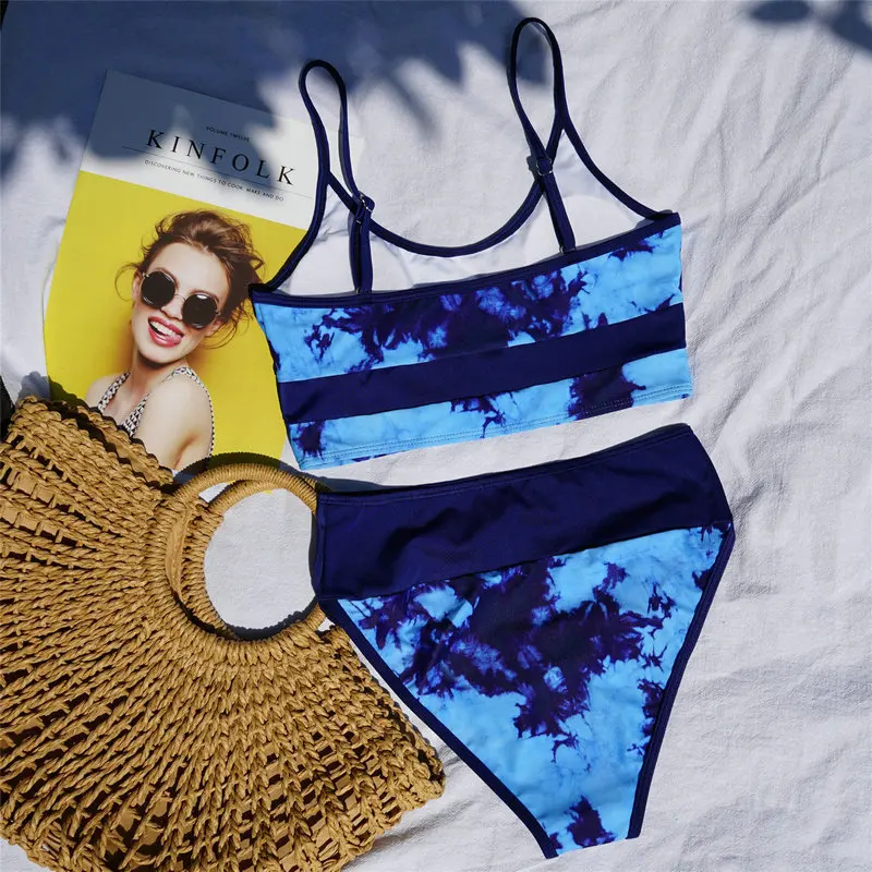 

High Waisted Bikini Set Blue Tie Dye Swimsuit 2 Pieces Bathing Suit Women 2020 Summer Swimwear Patchwork Swimsuit Halter Bikini