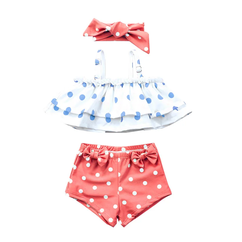 Купальный костюм в горошек с бантом и воланами для девочек детский купальник