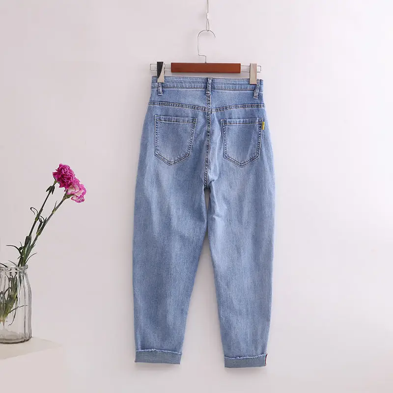 Женские джинсы с высокой талией Leijijeans Синие Джинсы бойфренда эффектом усов