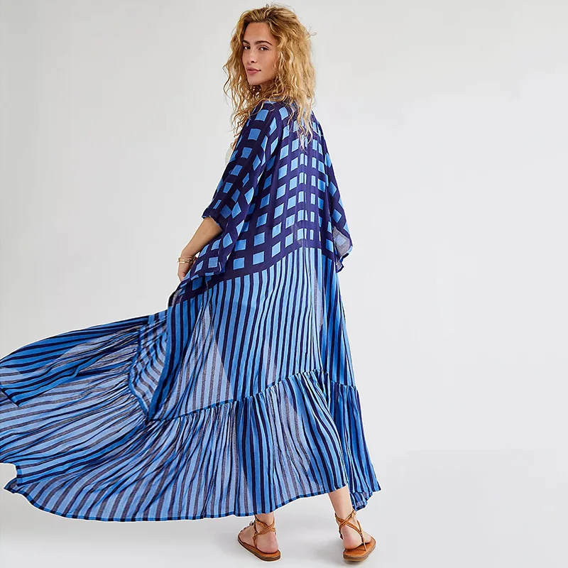 

2021 Bikini Cover-ups Blue Retro Striped Plus Size Women Summer Kimono Dress Beach Wear Swim Suit Cover Up Maxi Beach Dresses