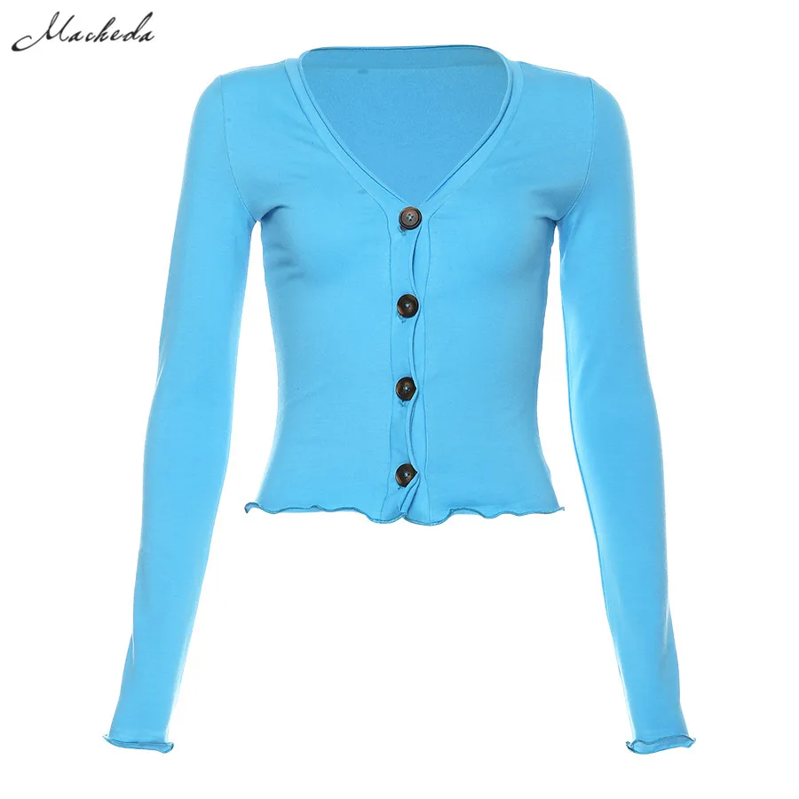 

Macheda Autumn Blue Color Women Shirt Long sleeved V Neck Single Breasted Top Lady Dew umbilical Slim Casual Clothing 2019 New