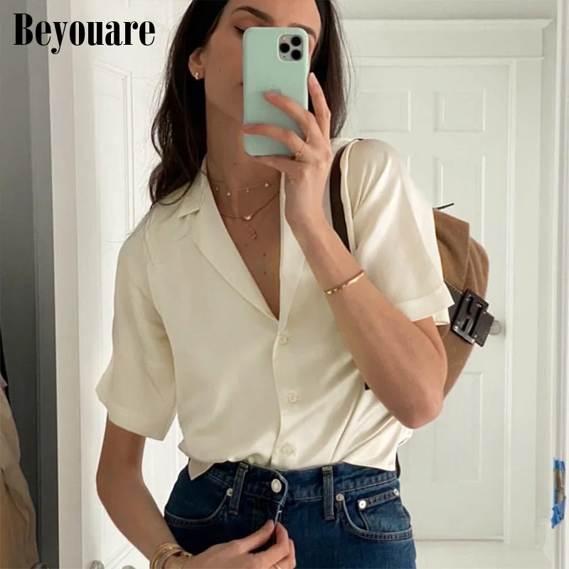 

Beyouare silk soft blouse women notched collar shorts short sleeve elegant office lady button front tops summer shirts 2020 top