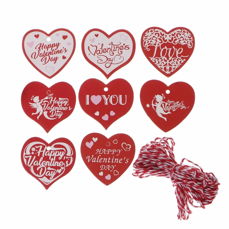 

200Pcs 20 Styles Red Valentines Tags Paper Gift Tags Hang Labels with Twines Kit 83XF