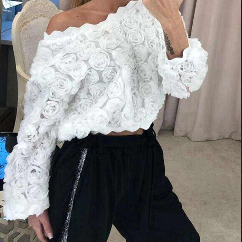 Autumn Winter fashion Short Loose Decals Mesh One-length Collar Long-sleeved Tops Women m9 | Женская одежда