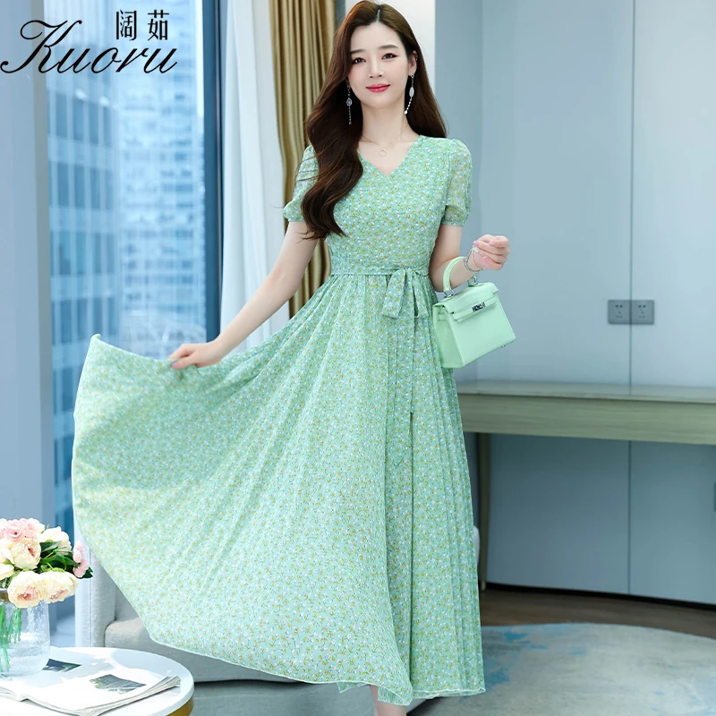 

Elegant Short Sleeve Green Women Clothing Dress Summer 2022 Chiffon Casual Long Dresses For Floral Robe Chic Tunics Party Beach
