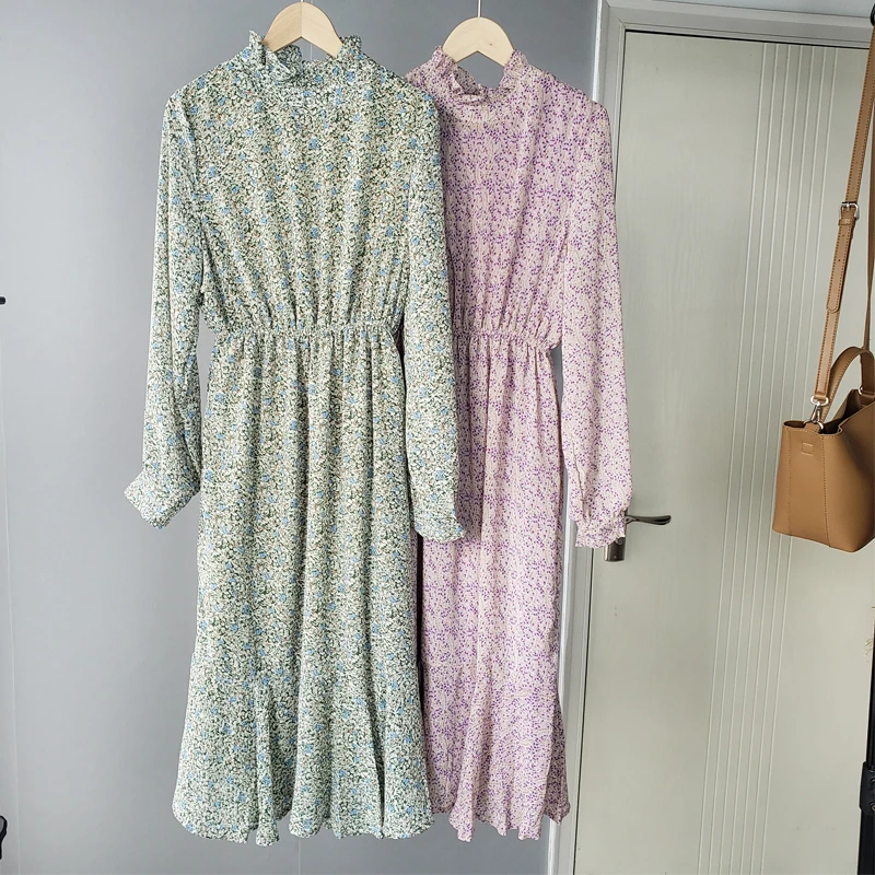 Платье миди женское с цветочным принтом милое корейское платье длинным рукавом и