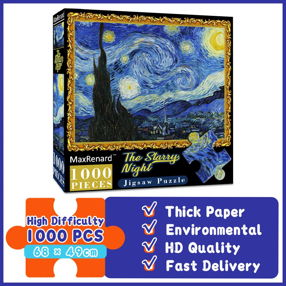 

MaxRenard 68*49cm Jigsaw Puzzles 1000 Pieces Van Gogh The Starry Sky Paper Assembling Painting Art Puzzles Toys for Adults Games