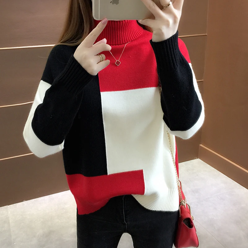 Oversized Knitted Sweater Women Red Patchwork Turtleneck Winter Jumper Korean Pullover Casual Clothes Warm Loose V644 | Женская одежда