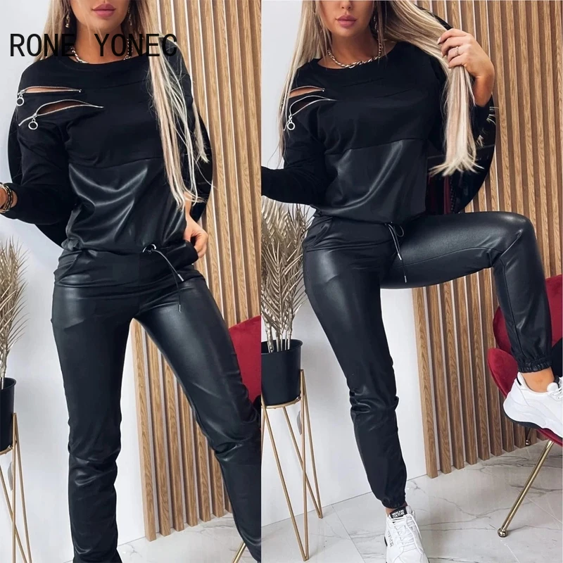 Women Solid Casual PU Leather Patchwork ZipperLong Batwing Sleeves Sweatpants Sets