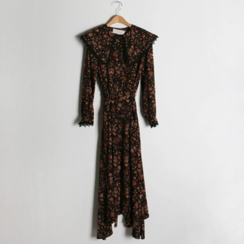 

Autumn And Winter Woman Retro Lapel Lace Stitching All-Match Single-Breasted Female Dress