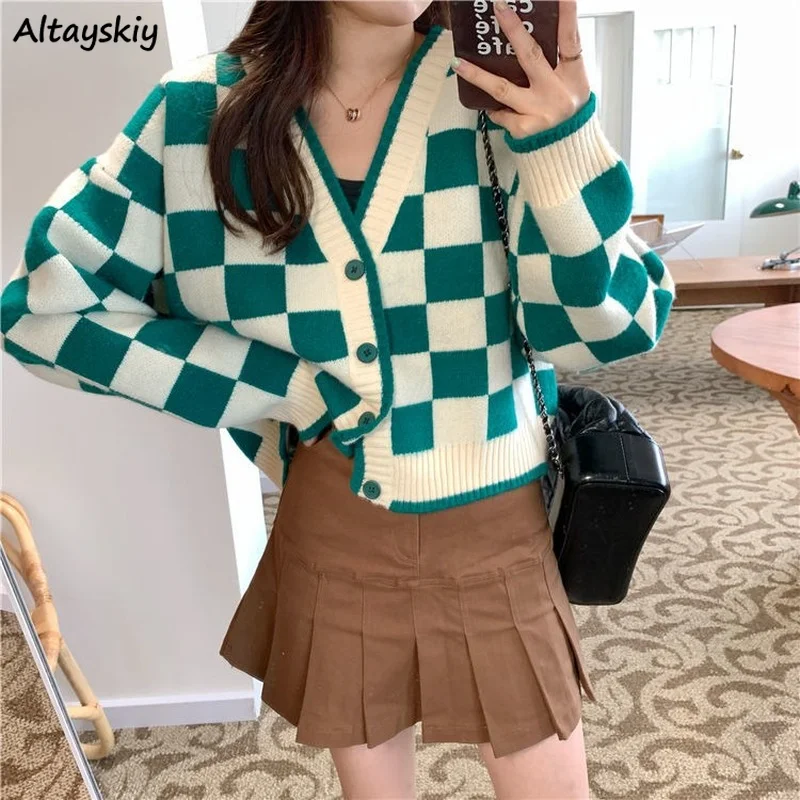 

Autumn Women Plaid Cardigans Long Sleeve Preppy Style V-neck Checkered Sweaters Student Retro Fashion Knitted Outwear Versatile