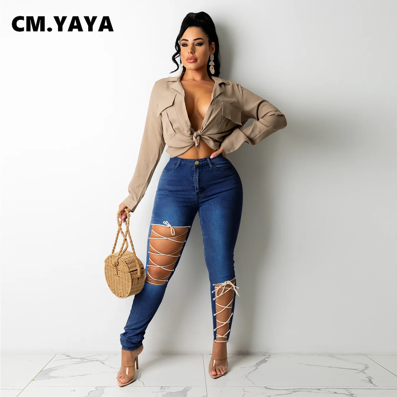 

CM.YAYA Women Jeans Solid Hollow Out Badage Mid Waist Zip Pockets Skinny Stretchy Pencil Denim Pants Fashion Streetwear Summer