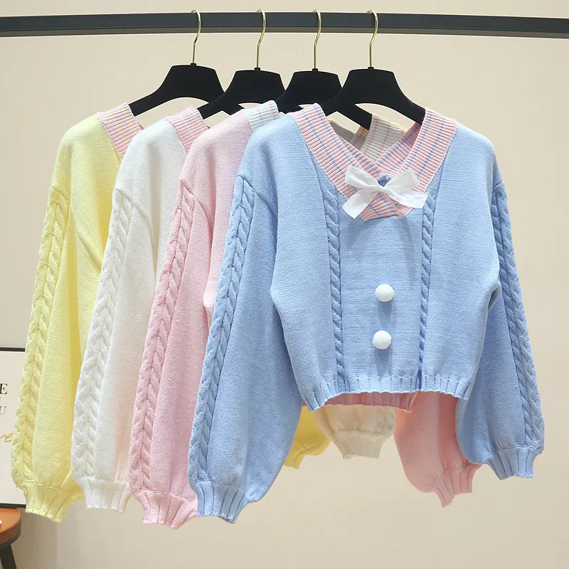 

Pullover Femme Long Sleeve Knitwear Crop Top Pink Jumper Korean Style White Knitted Sweater Women Sweet V Neck with Bow Vintage