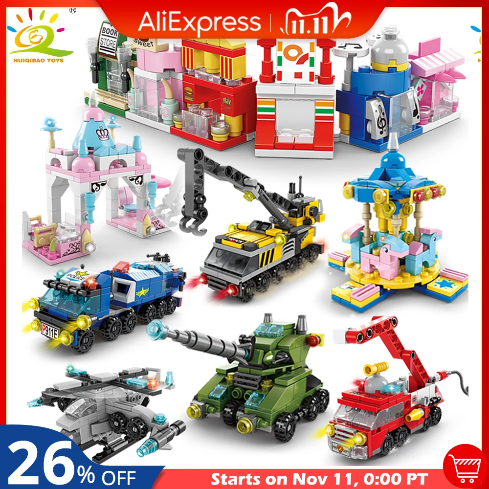 

HUIQIBAO 6IN1 City Fire Police Army Engineering Street View Girls Building Blocks Tank Helicopter Truck Car Bricks Children Toys