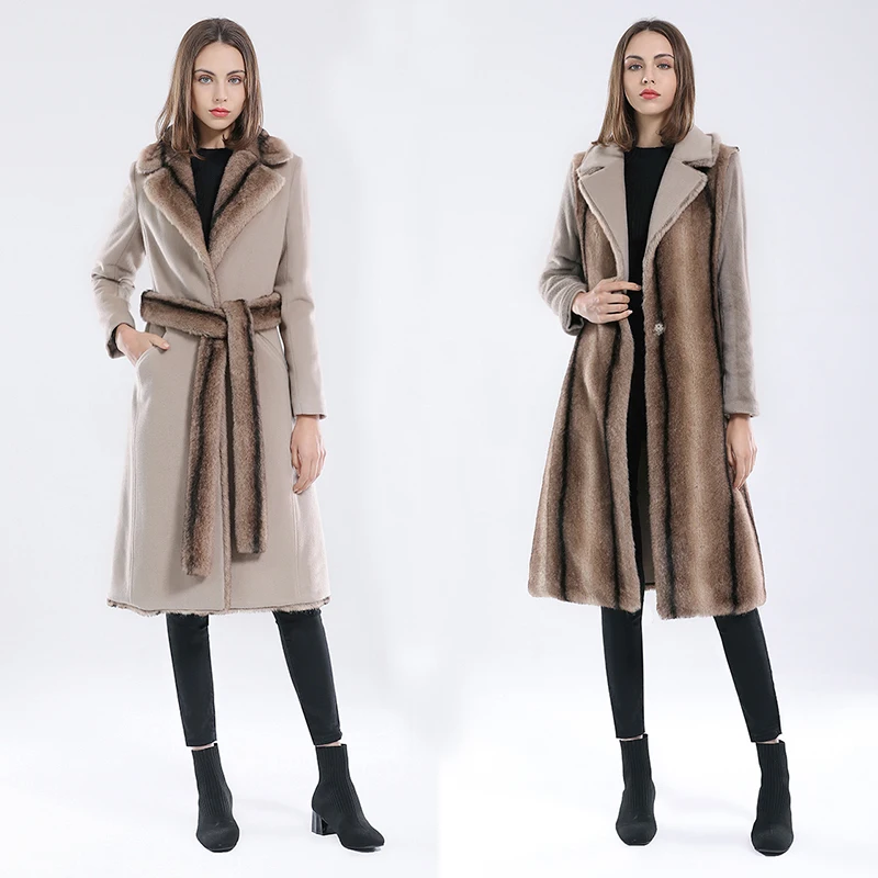 Women Winter Fur Jacket Woolen Coat Casual Winter Outerwear Faux Mink Fur Coat Ladies Parka Thick Warm Overcoat with Belt